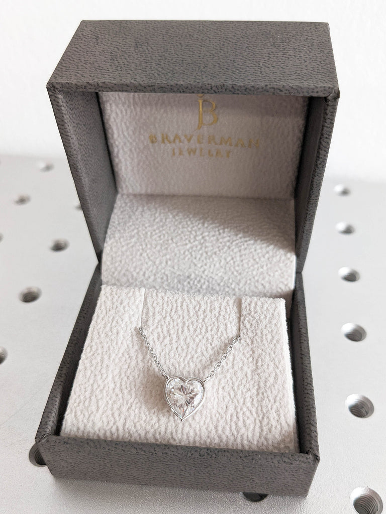 2ct Heart Shape Moissanite Solitaire Women Necklace | 14K White Gold 42cm Length Chain | Bezel set Dainty Diamond Pendant | Birthday Gift