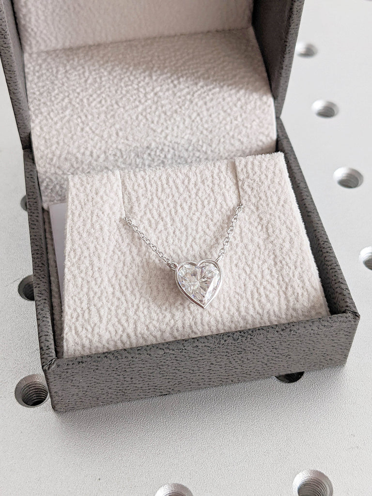 2ct Heart Shape Moissanite Solitaire Women Necklace | 14K White Gold 42cm Length Chain | Bezel set Dainty Diamond Pendant | Birthday Gift