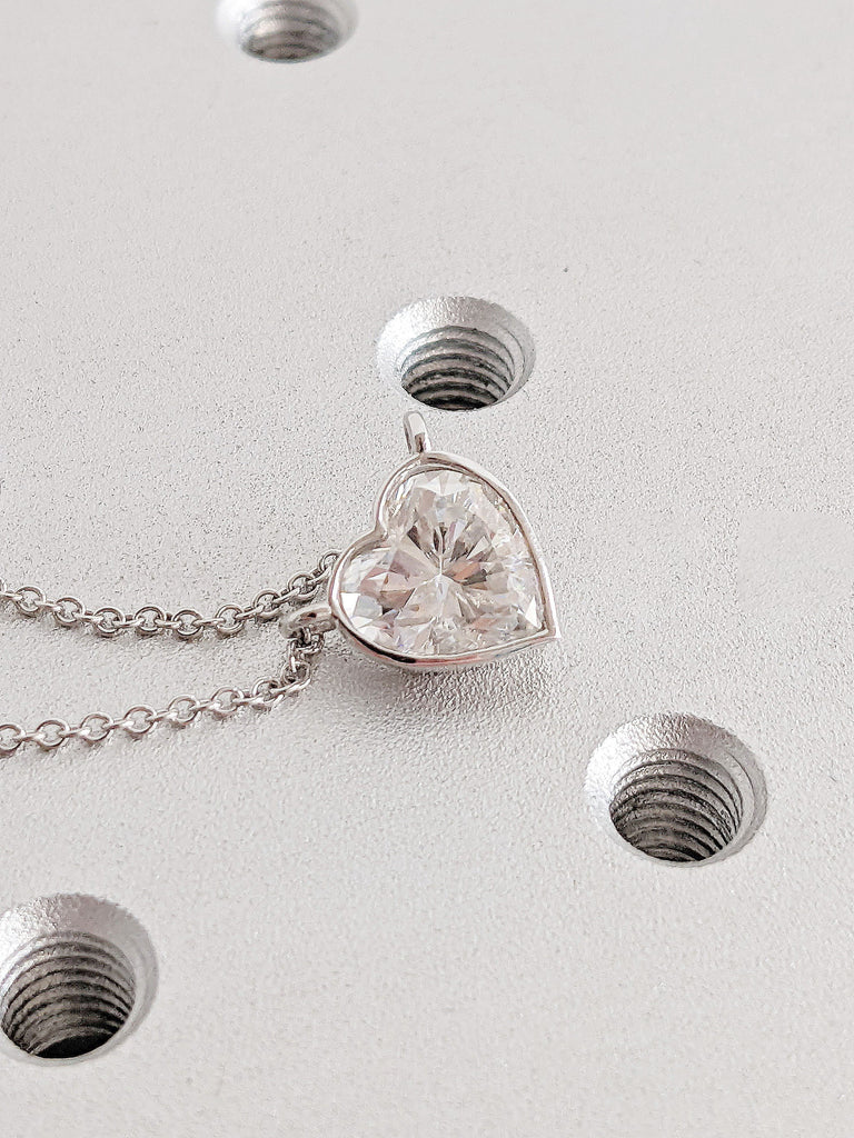 2ct Heart Shape Moissanite Solitaire Women Necklace | 14K White Gold 42cm Length Chain | Bezel set Dainty Diamond Pendant | Birthday Gift