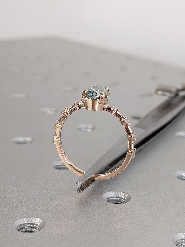 Art Deco Green Moissanite Rose Gold Wedding Anniversary Ring for Her | Round Diamond Thin Gold Band | Alternative Trendy Bridal Jewelry