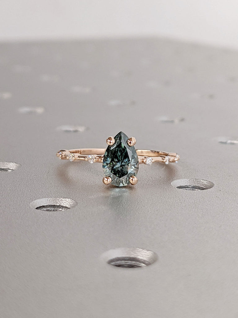 Pear cut Green Moissanite Minimalist Engagement Cocktail Ring for Her | 14K 18K Rose Gold Floating Bubble Distance Band | Alternative Bridal Jewelry