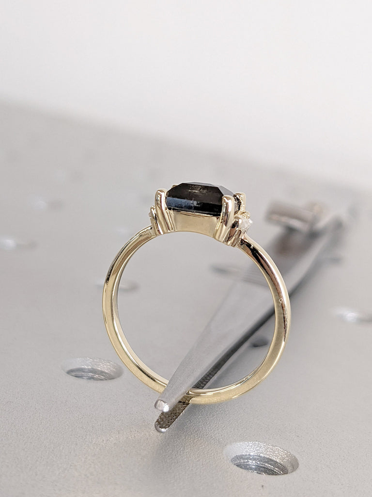 Baguette cut Natural Salt and Pepper Black Diamond Women Engagement Cocktail Ring | 14K 18K Yellow Gold Rectangle Moissanite Promise Ring