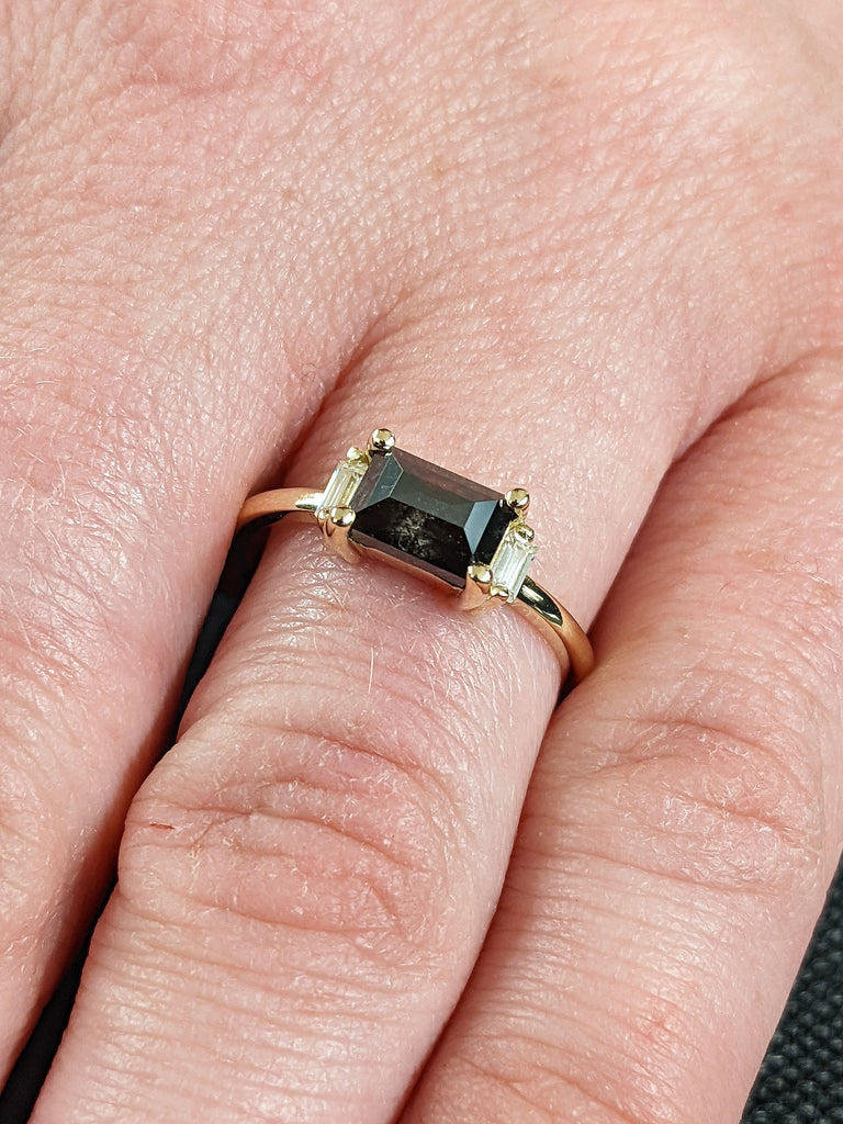 Baguette cut Natural Salt and Pepper Black Diamond Women Wedding Anniversary Ring | 14K 18K Yellow Gold Rectangle Moissanite Unique Proposal Ring