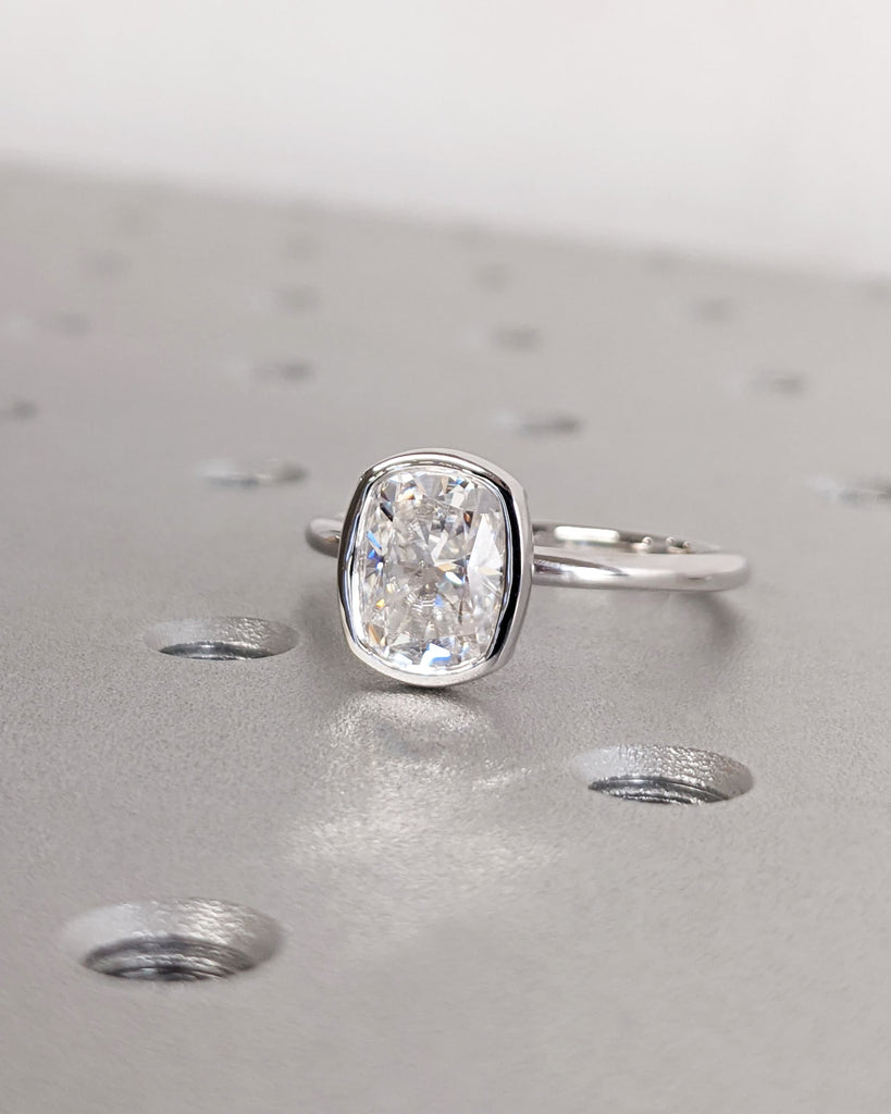 Elongated Cushion Cut Engagement Ring | Solitaire Bezel Set Lab Diamond Ring | 14K White Gold Ring | Unique Anniversary Gift Bridal Jewelry