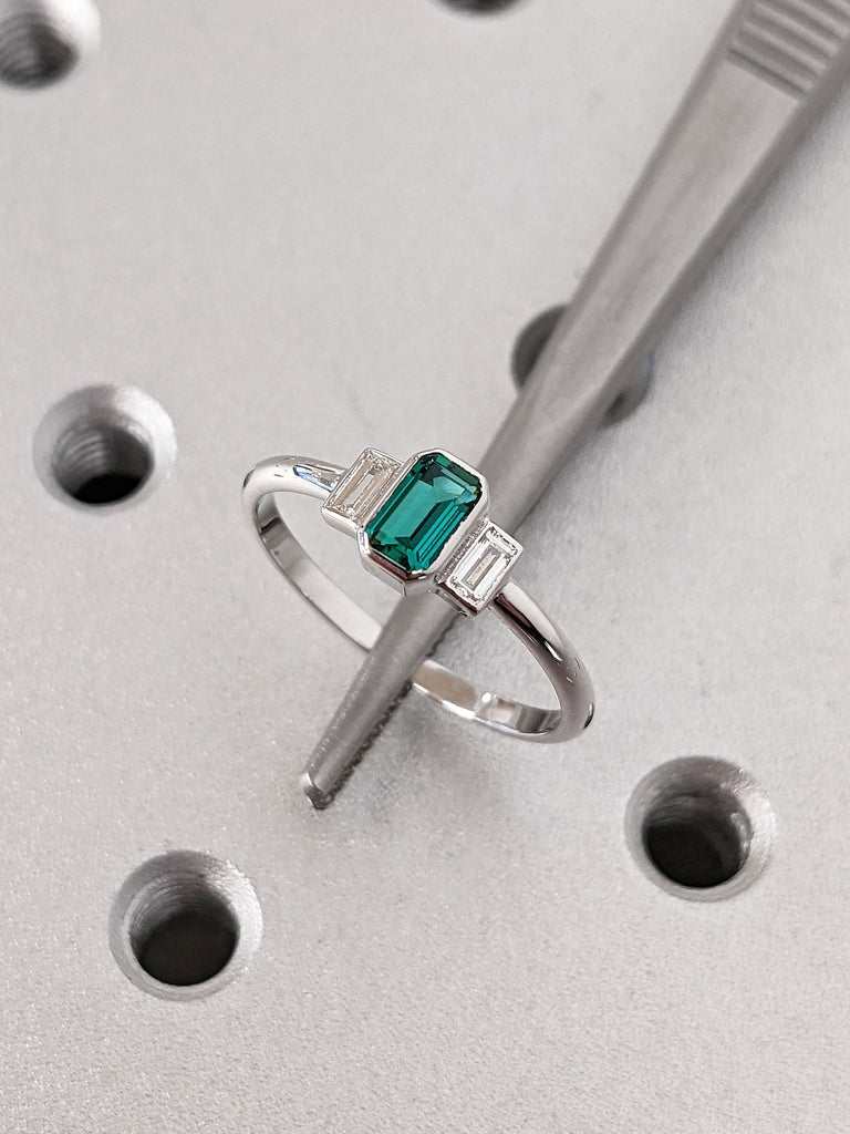 Unique May Birthstone Ring, Emerald Cut Lab Emerald Engagement Ring, Bezel Set Emerald Anniversary Ring For Women, Vintage Solitaire Ring