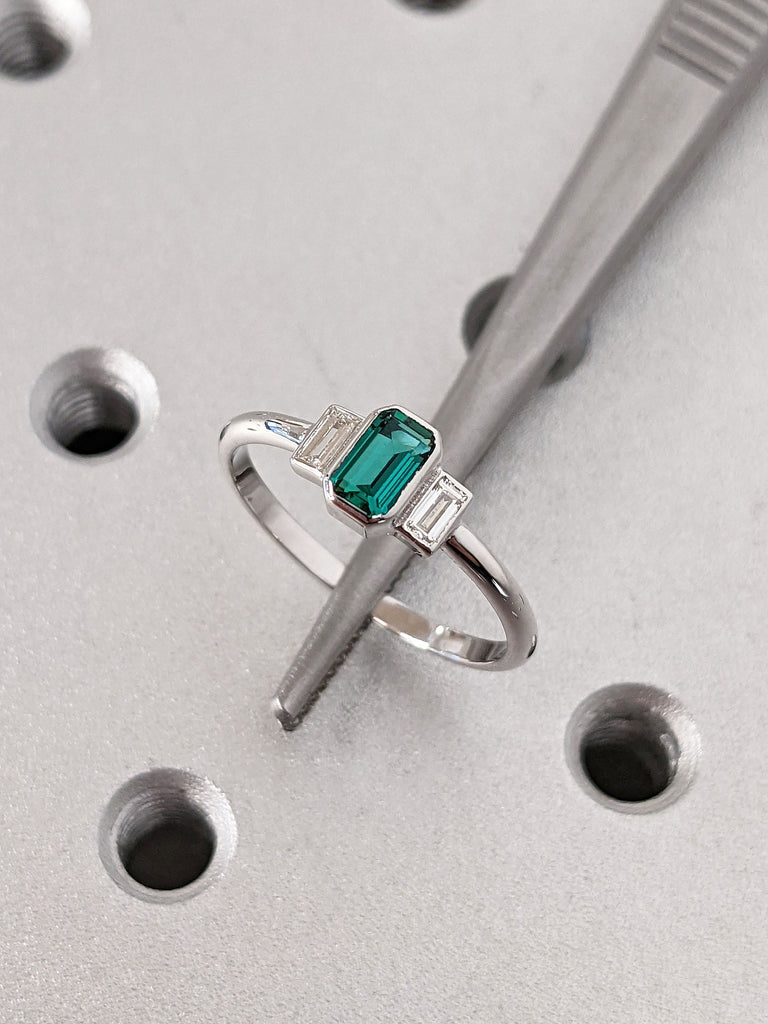 Unique May Birthstone Baguette Cut Lab Emerald Ring for Her | Bezel Set Emerald Proposal Anniversary Ring For Women | Antique Solitaire Ring