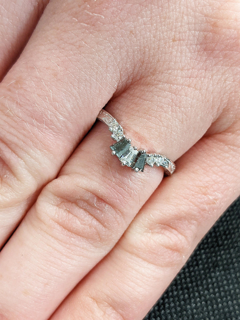 Ombre Natural Salt and Pepper Black Diamond Unique Women Proposal Ring | White Gold, Platinum Filigree Moissanite Matching Wedding Band