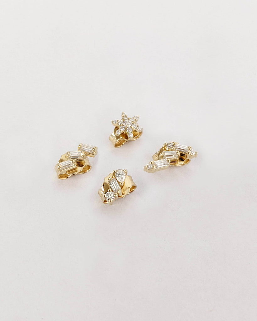 Single (1pc) or Half Pair Stud Earring Collection, Platinum 14K 18K Gold Studs, Small Flower Pear Baguette Round Lab Diamond Cluster Earring