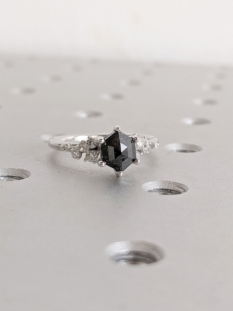 Hexagon cut Natural Salt and Pepper Diamond Engagement Cocktail Ring | Real Solid White Gold, Platinum Moissanite Snowdrift Cluster Promise Ring | Bridal Jewelry for Her