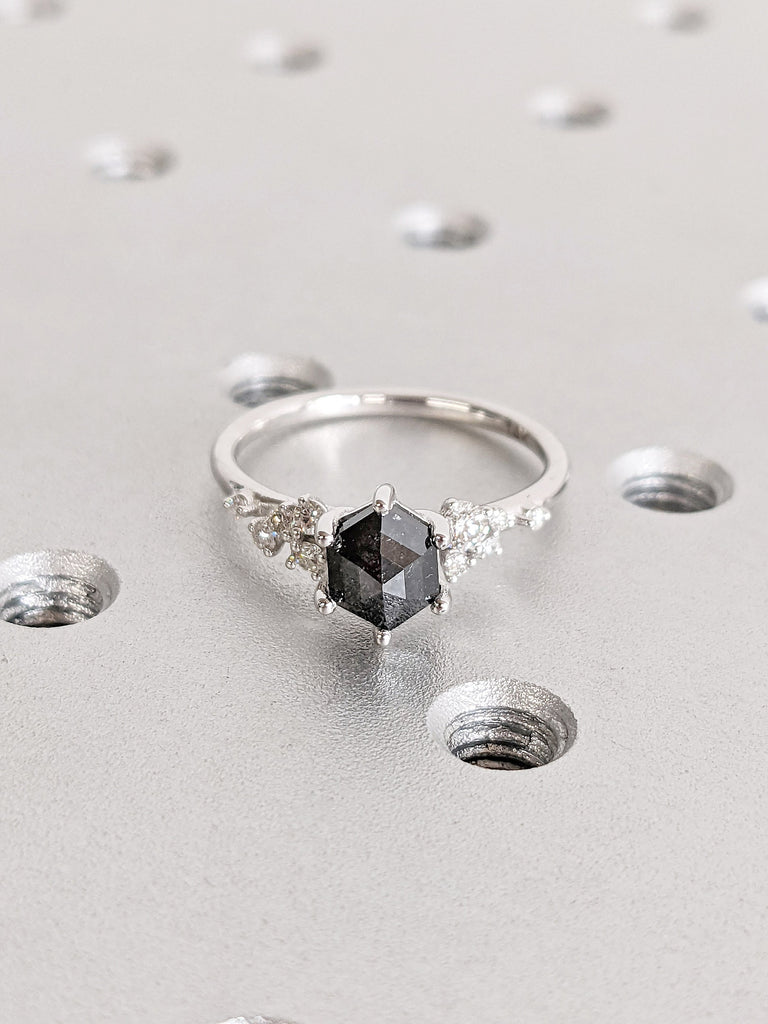 Hexagon cut Salt and Pepper Black Diamond Engagement Cocktail Ring | 14K 18K Solid White Gold, Multi Stone Moissanite Cluster Promise Ring