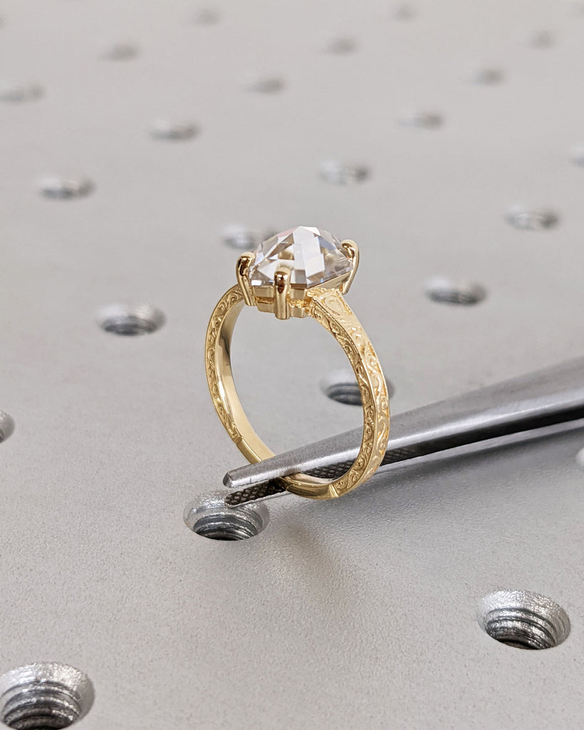 Hexagon cut Moissanite Solitaire Vintage Inspired Engagement Ring | 18K Yellow Gold Filigree Engraving Wedding Band | Unique Gift for Her