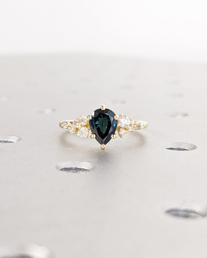 Montana Sapphire Engagement Snowdrift Cluster Ring, Pear Cut Blue Green Teal Peacock Sapphire, Vintage Style Art Deco Bridal Engagement Ring