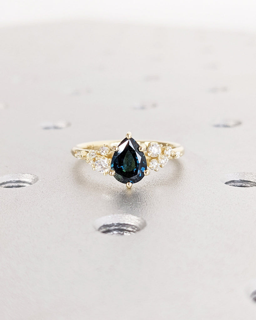 Montana Sapphire Engagement Snowdrift Cluster Ring, Pear Cut Blue Green Teal Peacock Sapphire, Vintage Style Art Deco Bridal Engagement Ring