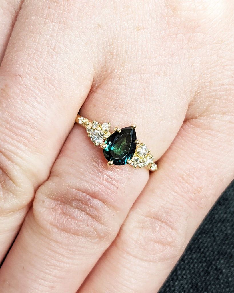 Montana Sapphire Engagement Snowdrift Cluster Ring, Pear Cut Blue Green Teal Peacock Sapphire, Vintage Style Art Deco Bridal Engagement Ring