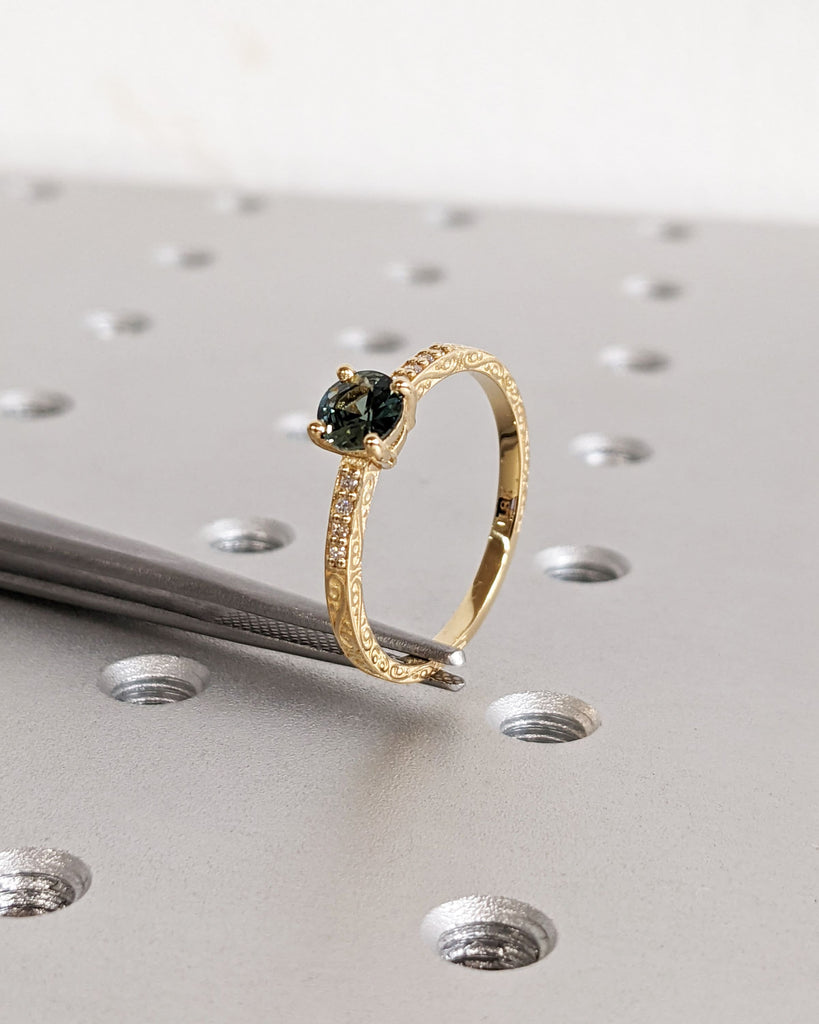 One of a Kind Montana Sapphire Ring, Blue Sapphire Diamond Cluster Ring, Vintage Inspired Blue Sapphire Engagement Ring, 18K Gold Green Teal