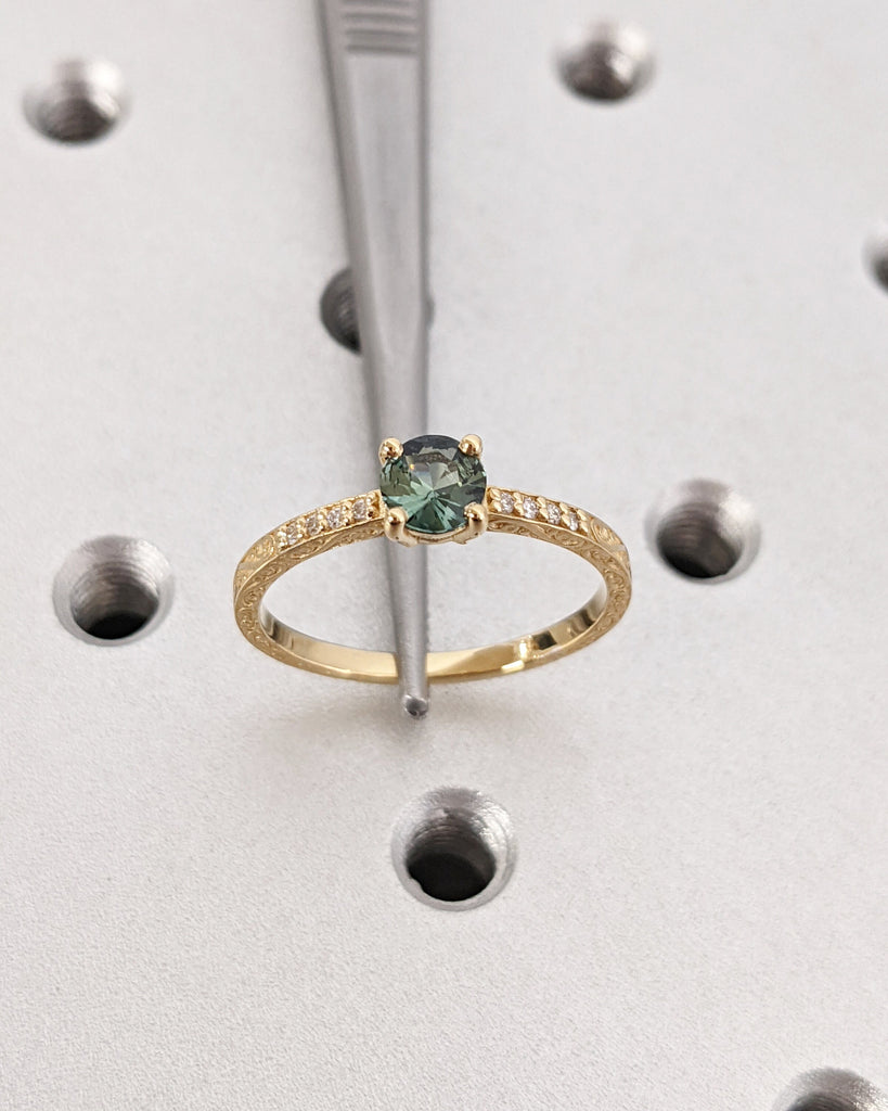 One of a Kind Montana Sapphire Ring, Blue Sapphire Diamond Cluster Ring, Vintage Inspired Blue Sapphire Engagement Ring, 18K Gold Green Teal