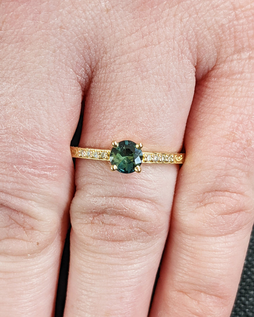 One of a Kind Montana Sapphire Ring, Blue Sapphire Diamond Cluster Ring, Vintage Inspired Blue Sapphire Engagement Ring, 18K Gold Green Teal