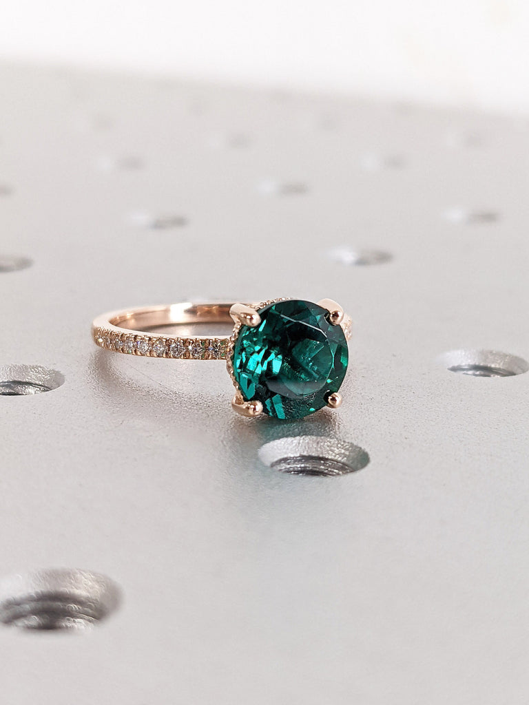 Real Solid Rose Gold Lab Emerald, Diamond or Moissanite Hidden Halo May Birthstone Ring for Her