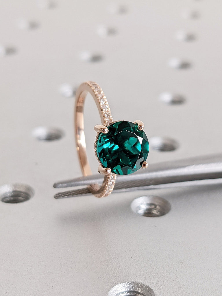 2ct Round cut Lab Grown Emerald Diamond Hidden Halo Engagement Cocktail Ring for Her | 14K Rose Gold Unique Promise Ring | May Birthstone