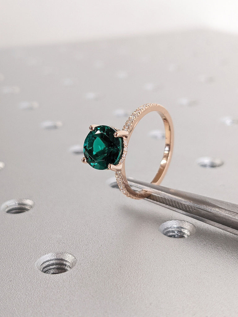 Unique May Birthstone Lab Created Emerald Hidden Halo Women Wedding Anniversary Ring | Solid Rose Gold Paved Moissanite Half Eternity Proposal Ring