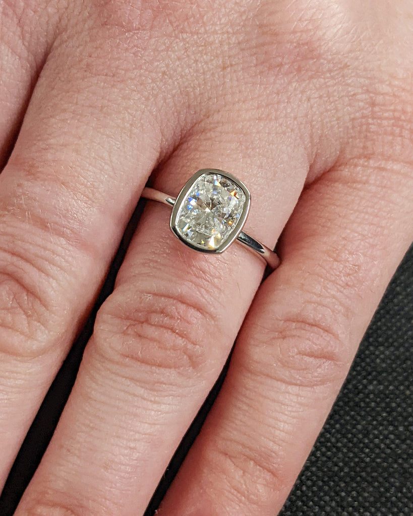 Elongated Cushion Cut Engagement Ring | Solitaire Bezel Set Lab Diamond Ring | 14K White Gold Ring | Unique Anniversary Gift Bridal Jewelry