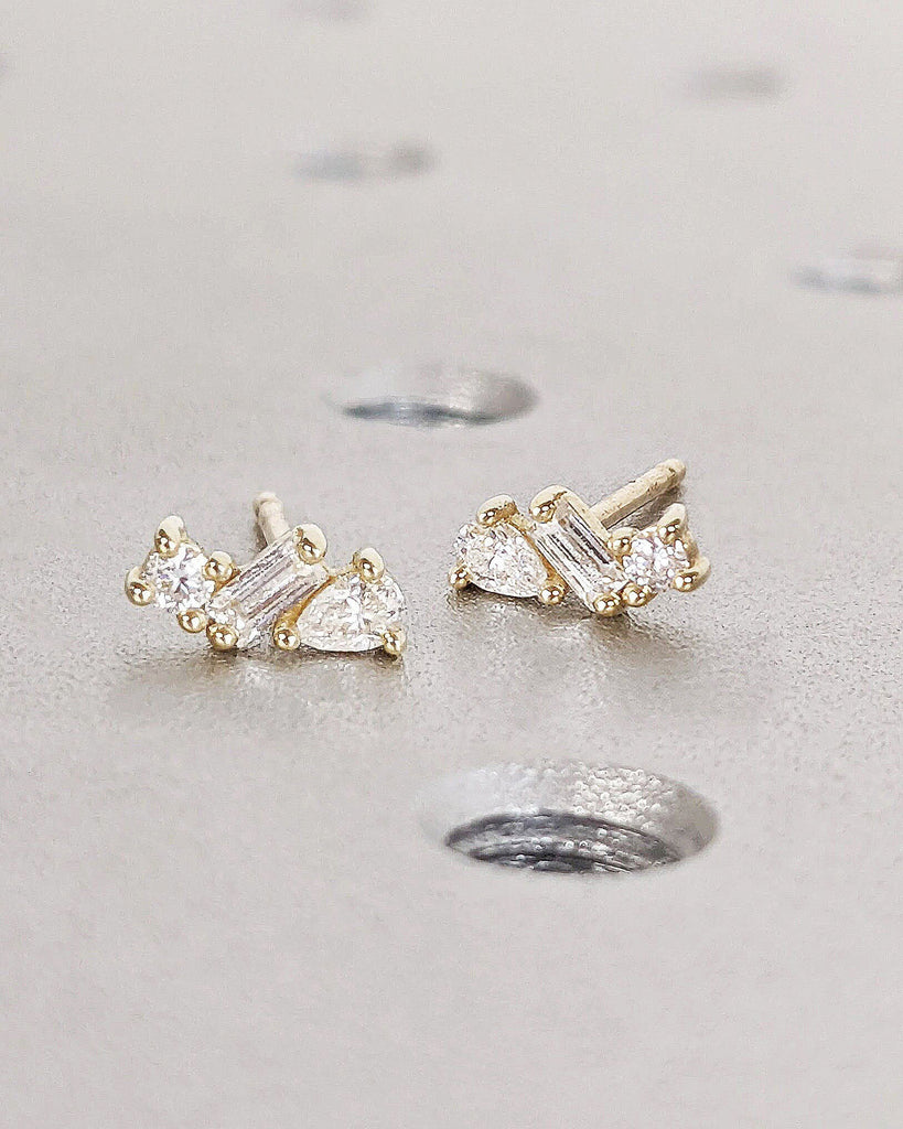 Baguette, Round, Pear cut Lab Grown Diamond Multi Stone Single or Set Statement Earrings | 14K 18K Gold Women Bridal Gift Stud Earrings