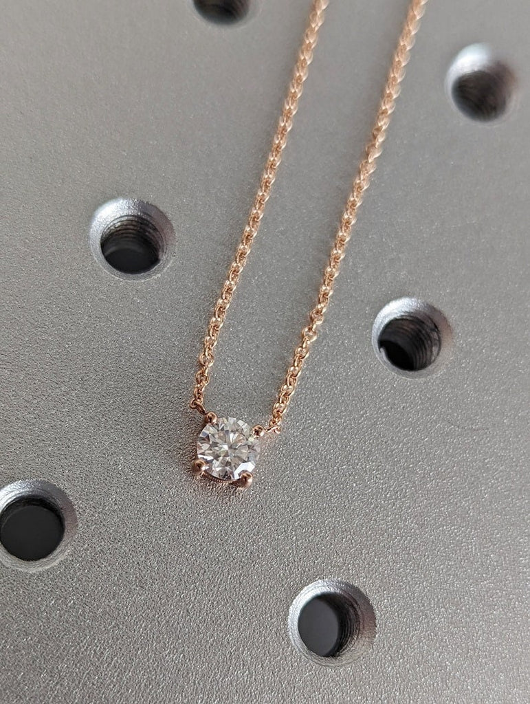 Attached Diamond on Chain, 14K Gold Diamond Necklace, Lab Grown Diamond Solitaire Necklace, Bridesmaid Necklace, Floating Diamond Solitaire