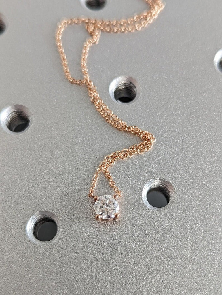 Attached Diamond on Chain, 14K Gold Diamond Necklace, Lab Grown Diamond Solitaire Necklace, Bridesmaid Necklace, Floating Diamond Solitaire