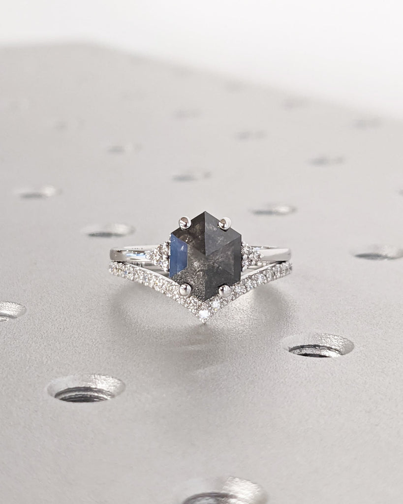 Salt and Pepper Diamond Engagement Ring Set / Hexagon Cut Galaxy Grey Geometric Diamond / Unique Custom Bridal Set Moissanite Stacking Ring