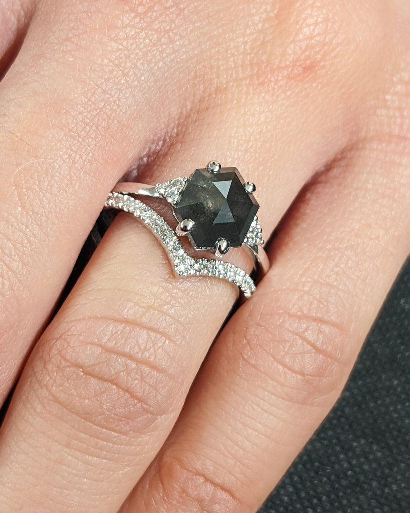 Hexagon Cut Salt and Pepper Diamond Engagement Ring Set / Galaxy Grey Salt and Pepper Diamond / Unique Wedding Set Moissanite Stacking Ring