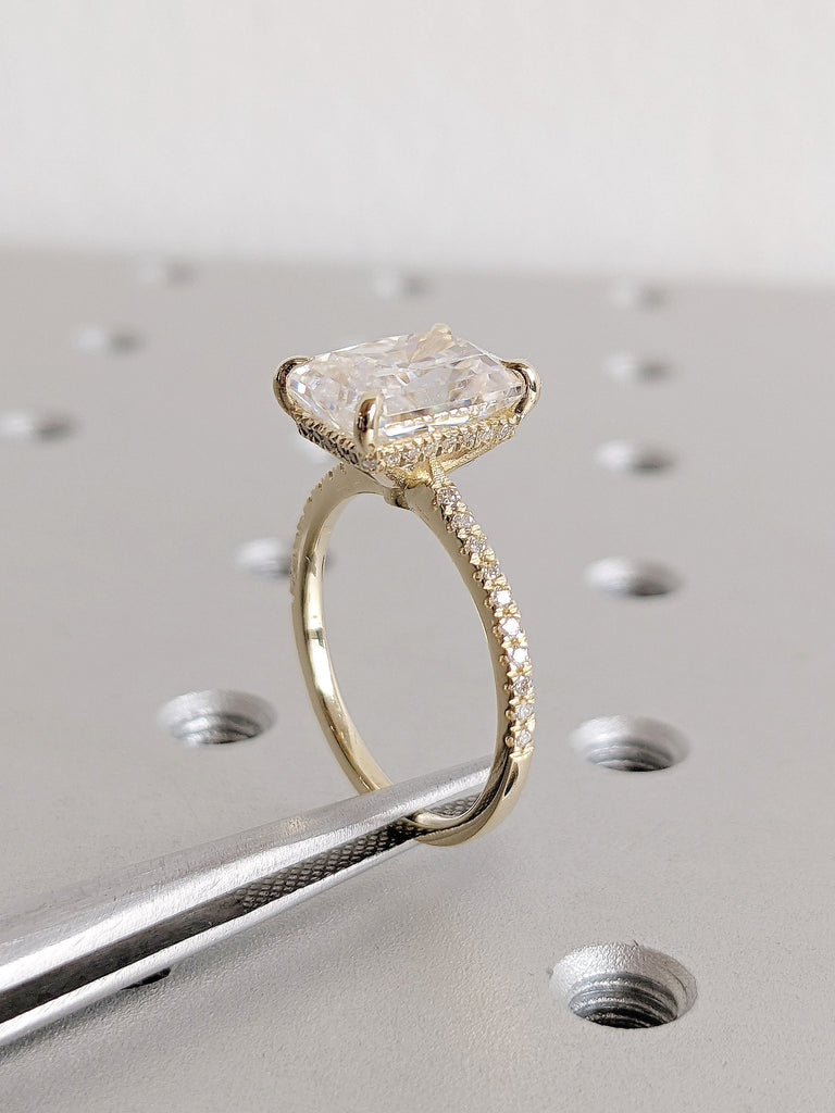 3ct Radiant cut Moissanite Hidden Halo Women Engagement Ring | Real Solid Yellow Gold Half Eternity Wedding Band | Unique Rectangle Jewelry