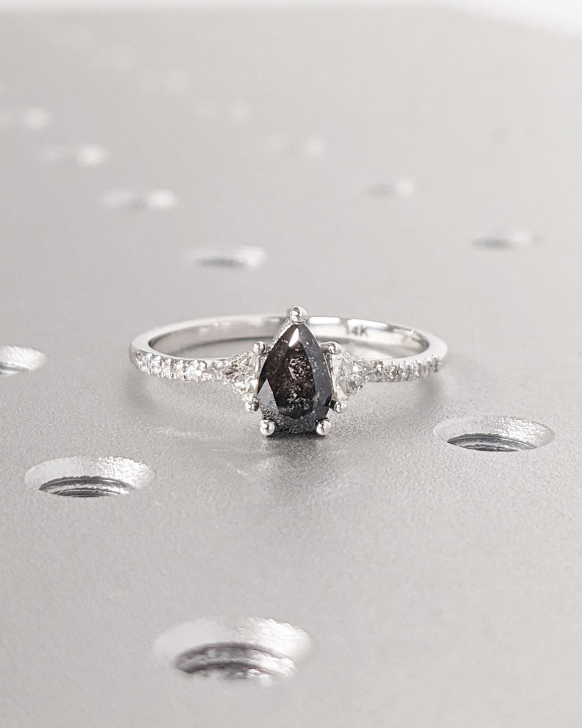 1920's Raw Salt and Pepper Diamond Engagement Ring Set | Unique Bridal Set | Black, Galaxy, Grey Pear Cut | 14K/18K Yellow, Rose, White Gold