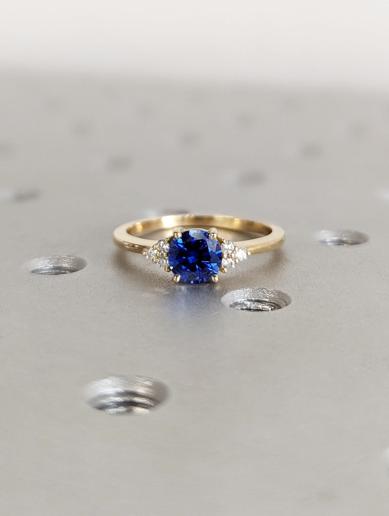 1ct Round cut Blue Lab Grown Sapphire Moissanite Cluster Engagement Cocktail Ring for Her 18K Yellow Gold Band