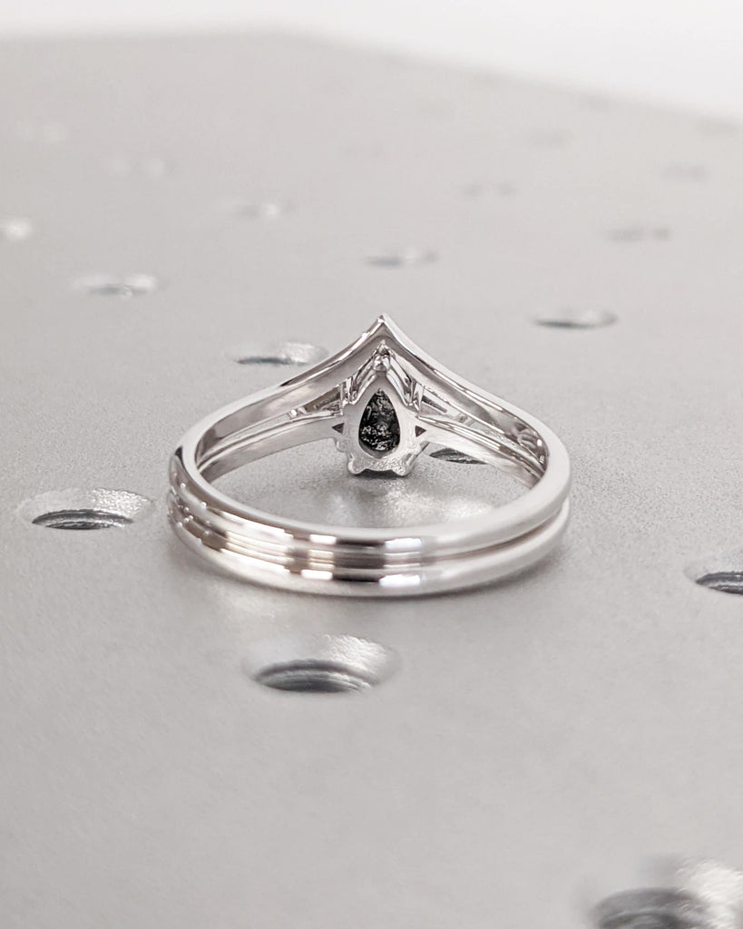 1920's Grey Raw Salt and Pepper Diamond Engagement Ring Set | Unique Bridal Set | Moissanite Art Deco | 14K or 18K Yellow, Rose, White Gold