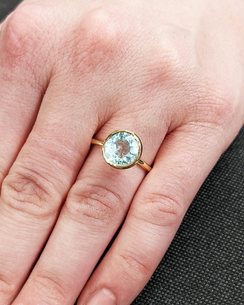 Vintage Aquamarine Wedding Ring Bezel Set Bridal Anniversary Jewelry Solitaire Round Cut Gemstone Ring March Birthstone Simple Gift For Her