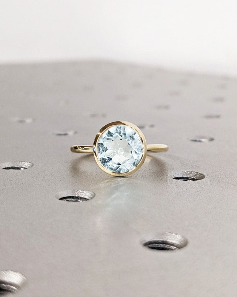 Vintage Aquamarine Wedding Ring Bezel Set Bridal Anniversary Jewelry Solitaire Round Cut Gemstone Ring March Birthstone Simple Gift For Her