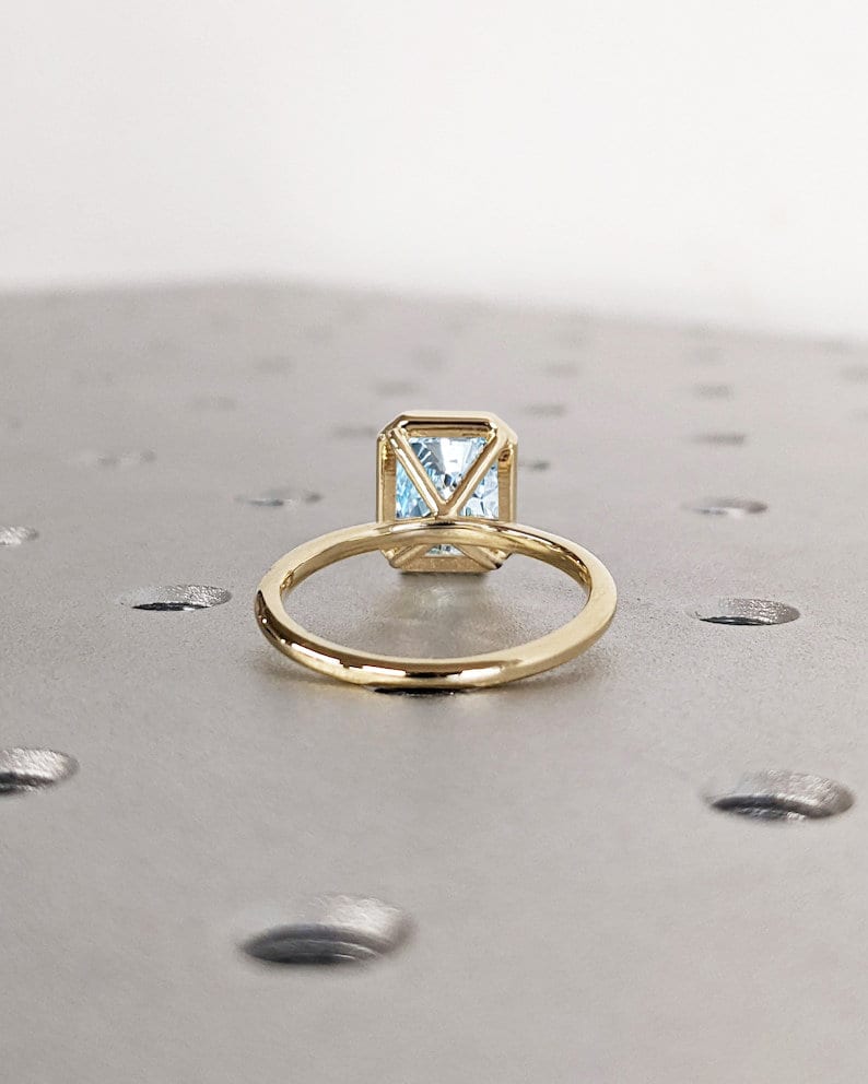 Vintage Aquamarine Wedding Ring Bezel Set Bridal Anniversary Jewelry Solitaire Radiant Cut Gemstone Ring March Birthstone Fine Gift For Her