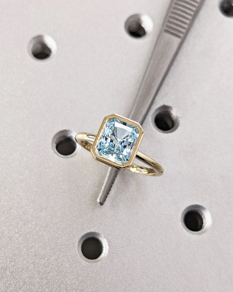 Vintage Aquamarine Wedding Ring Bezel Set Bridal Anniversary Jewelry Solitaire Radiant Cut Gemstone Ring March Birthstone Fine Gift For Her