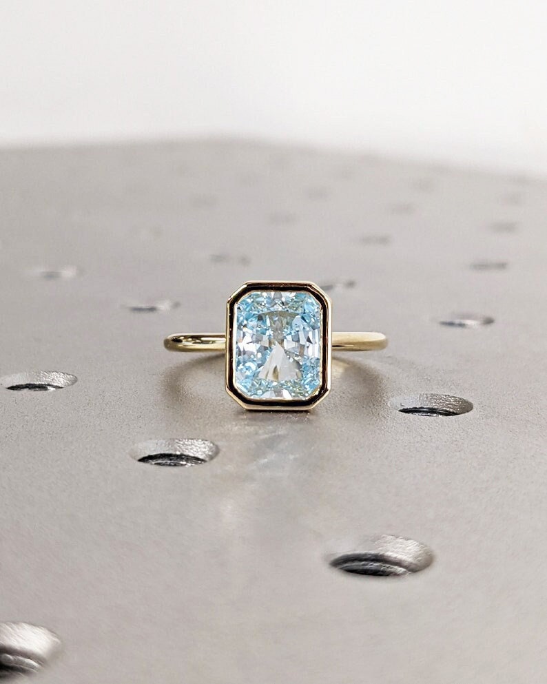 Vintage Aquamarine Wedding Ring Bezel Set Bridal Anniversary Jewelry Solitaire Radiant Cut Gemstone Ring March Birthstone Fine Gift For Her