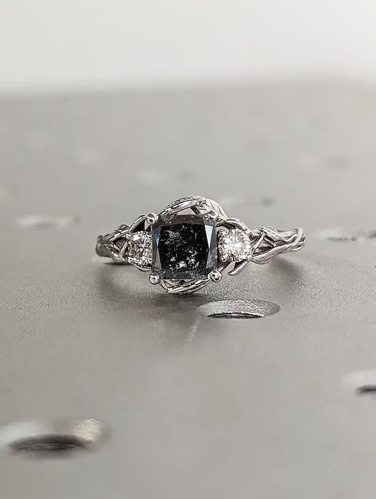 1ct Princess cut Natural Salt and Pepper Galaxy Diamond 14K White Gold Vintage Leaf Motif Engagement Ring