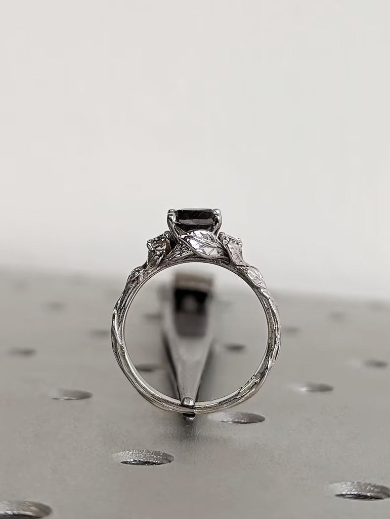 Nature Inspired 1ct Princess cut Natural Salt and Pepper Galaxy Diamond Leaves Motif Engagement Ring