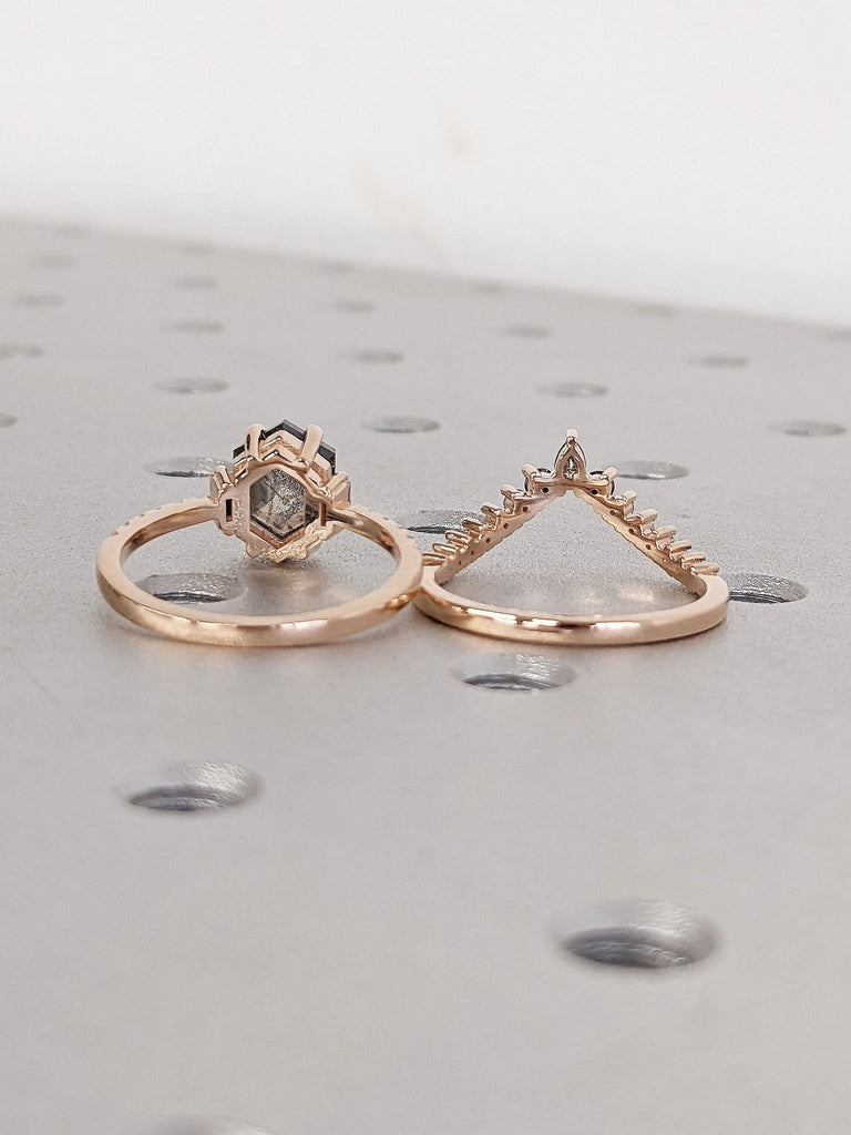 Hexagon cut Salt and Pepper Diamond, Solid God Geometric Wedding Anniversary Double Ring Set | Matching Stacking Half Eternity Ring for Her