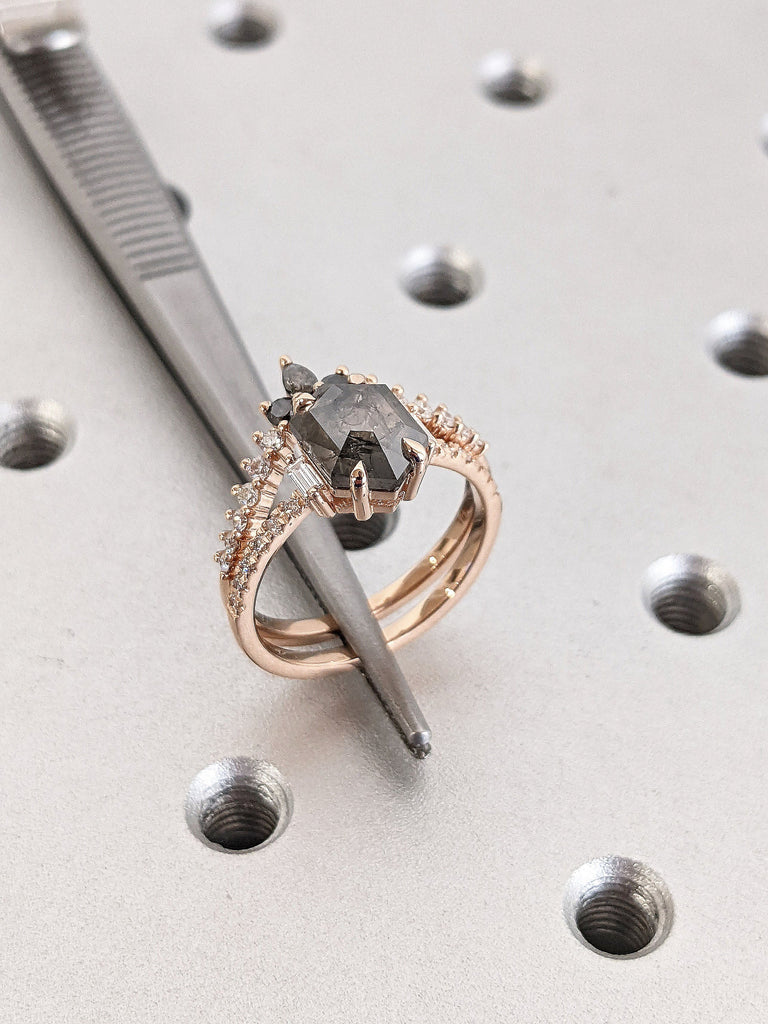 1.75ct Hexagon cut Natural Grey Salt and Pepper Galaxy Diamond Unique Proposal Ring Jewelry Set for Her | 14K 18K Rose Gold Matching Stacking Curve Diamond Bridal Band