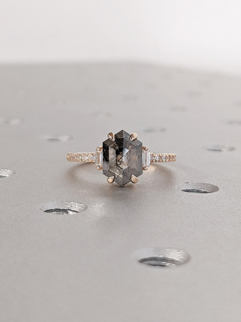 Hexagon cut 1.75ct Salt and Pepper Galaxy Diamond Women Engagement Cocktail Ring | Baguette, Round Natural Diamonds Rose Gold Eternity Band