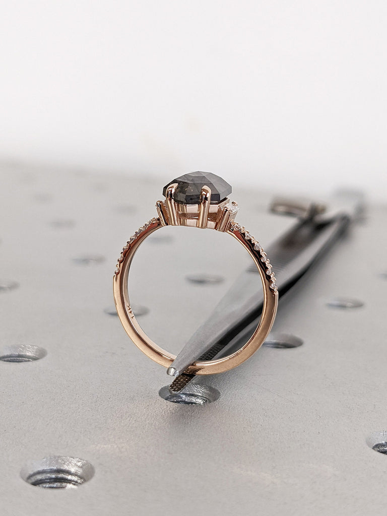 Hexagon cut 1.75ct Salt and Pepper Galaxy Diamond Women Engagement Cocktail Ring | Baguette, Round Natural Diamonds Rose Gold Eternity Band