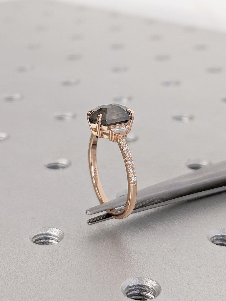 Hexagon cut 1.75ct Salt and Pepper Galaxy Diamond Women Engagement Cocktail Ring | Baguette, Round Natural Diamonds Rose Gold Eternity Band