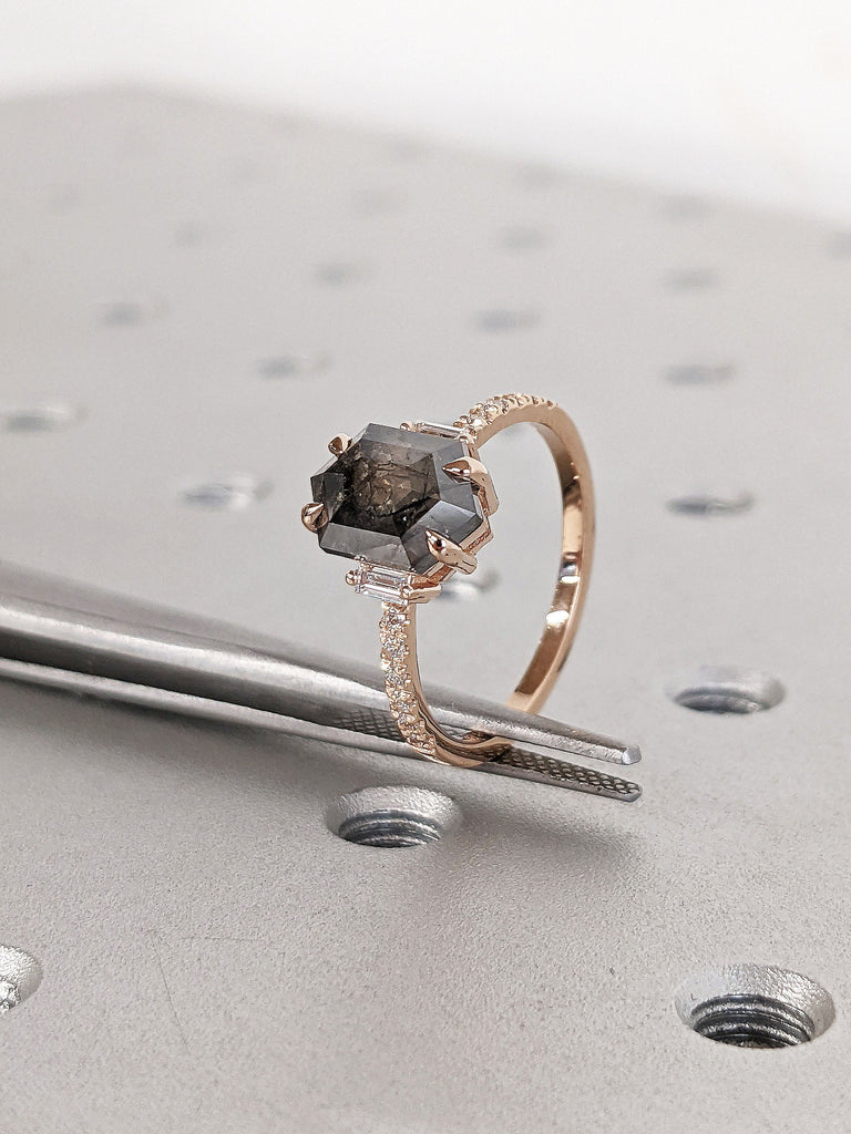 Hexagon cut 1.75ct Salt and Pepper Galaxy Diamond Women Engagement Cocktail Ring | Baguette, Round Natural Diamonds Rose Gold Eternity Band