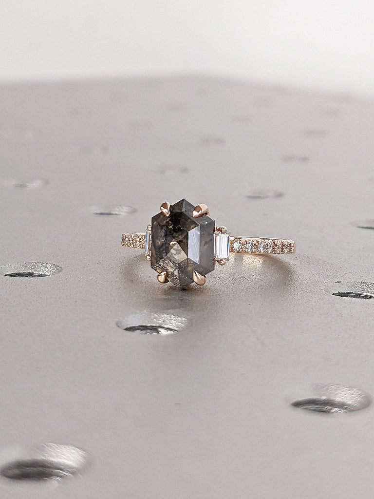 Hexagon cut 1.75ct Salt and Pepper Galaxy Diamond Women Engagement Cocktail Ring | Baguette, Round Natural Diamonds Rose Gold Eternity Band