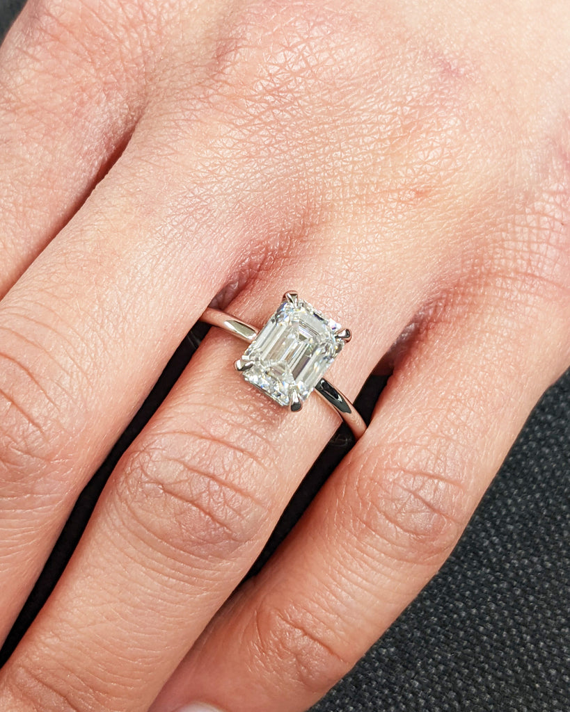 Low Profile Setting Emerald Cut Lab Diamond Solitaire Engagement Ring | Platinum or Gold | Simple Promise Ring | Custom Bridal Ring for Her