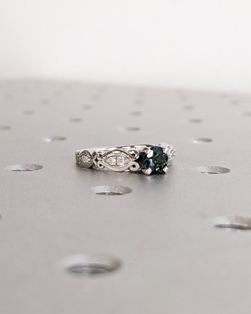 Peacock Sapphire Engagement Ring Vintage Round Cut Dark Green Sapphire 14K White Gold Teal Sapphire Diamond Eternity Ring Anniversary Gift